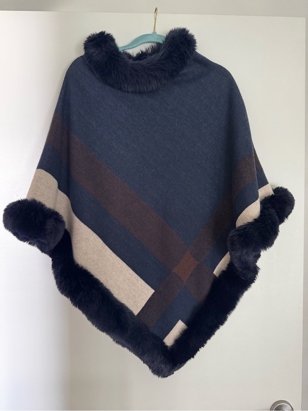 Faux-Fur Trim Navy & Cream Poncho Sweater